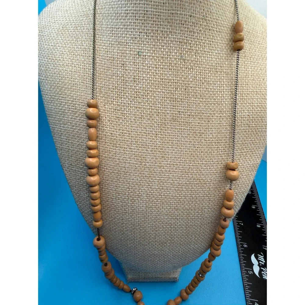 J. Crew Long Beaded Necklace Silver Tone Chain Tan Wood Beads‎ Crystal Accents